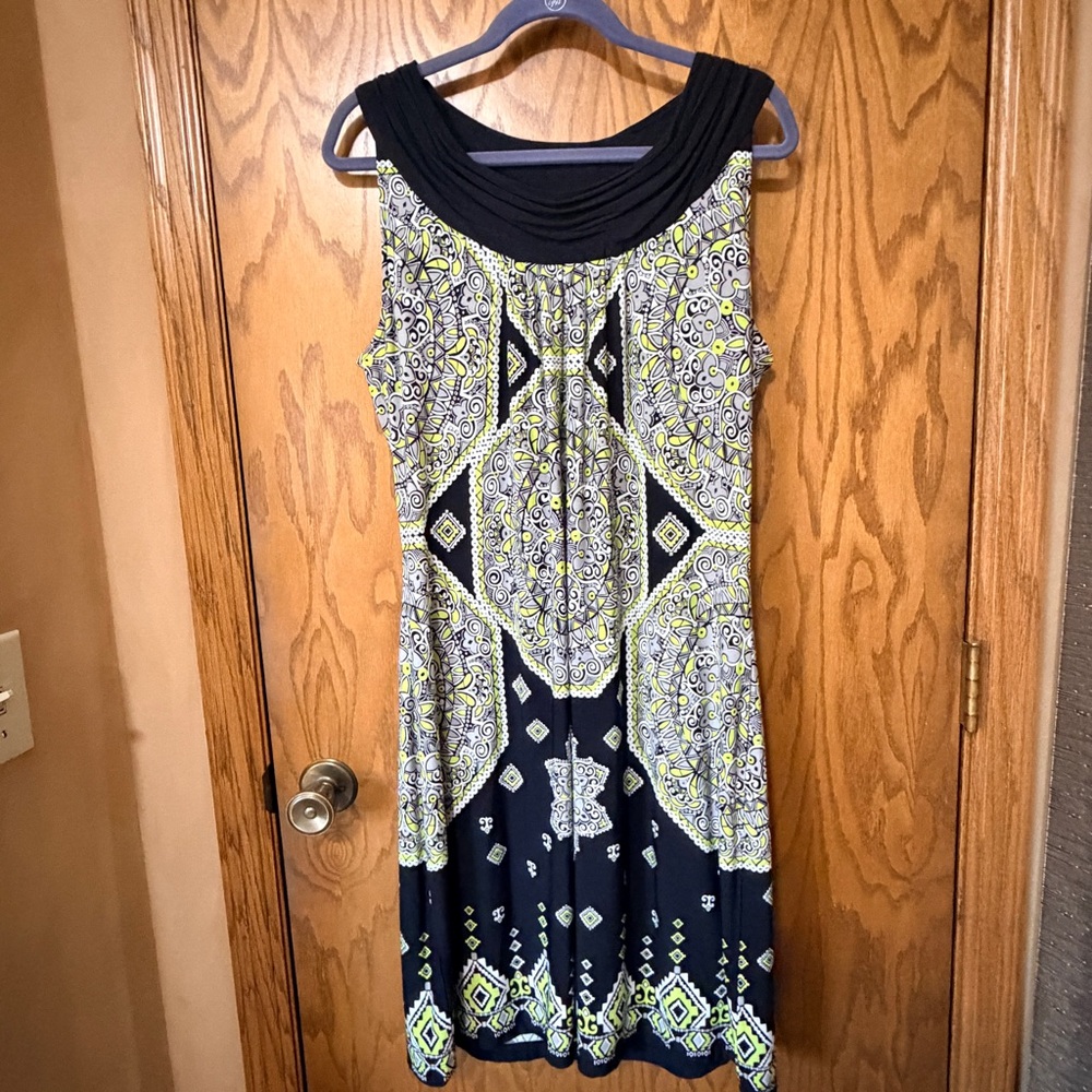 Laura Ashley Black Midi Dress with Lime and White Medallion Print